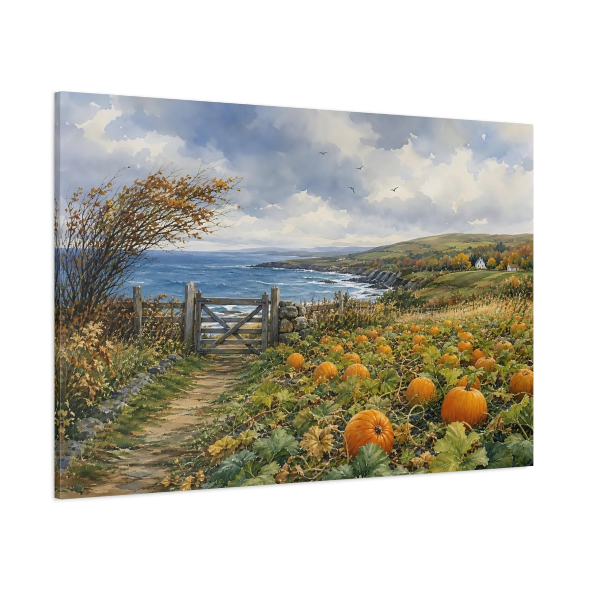 Side Mockup 1. Nature Pumpkin Patch Autumn Coastal Landscape shown as stretched canvas wall art