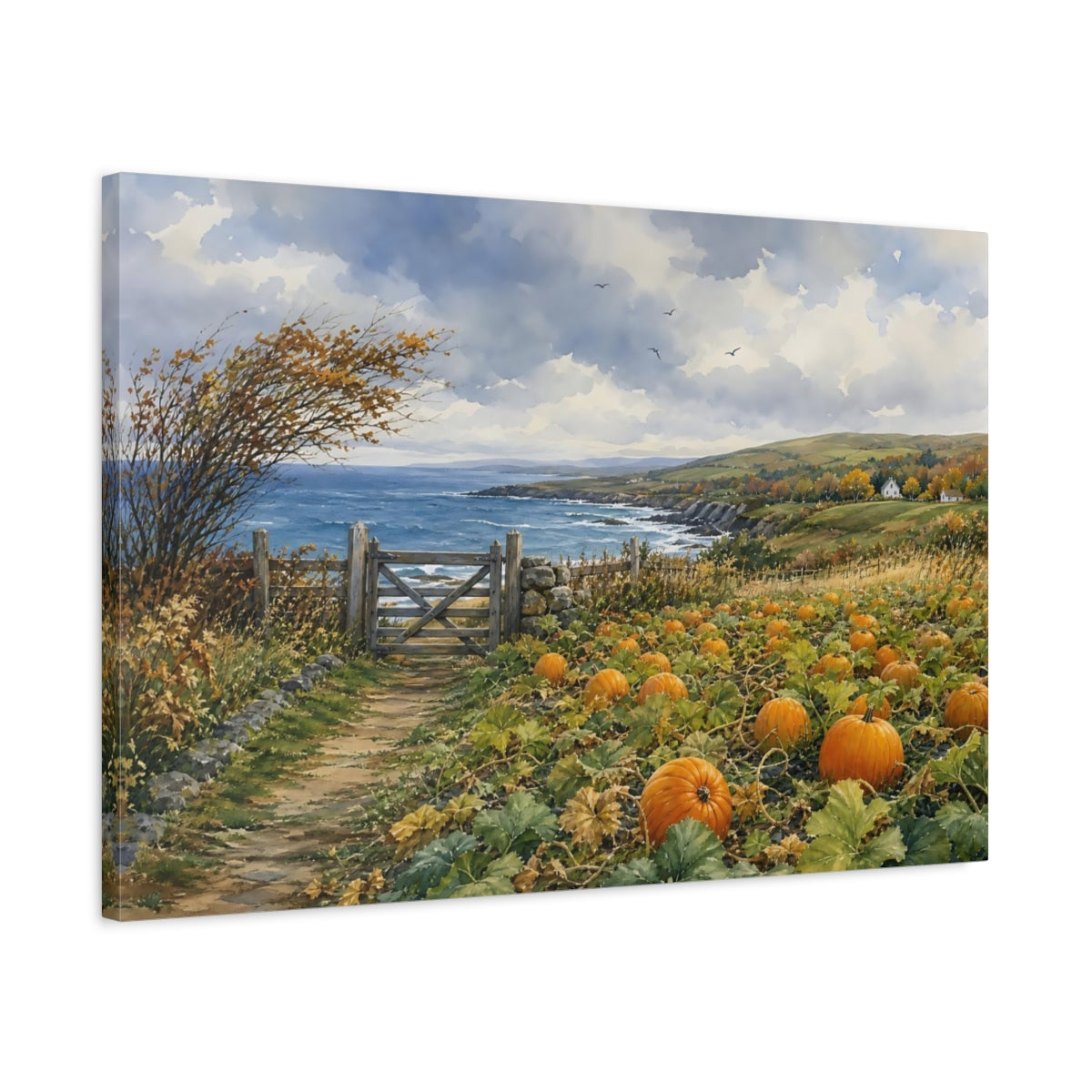 Side Mockup 2. Nature Pumpkin Patch Autumn Coastal Landscape shown as stretched canvas wall art