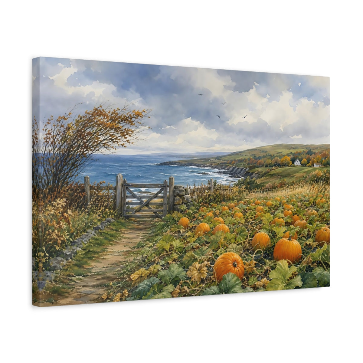 Side Mockup 3. Nature Pumpkin Patch Autumn Coastal Landscape shown as stretched canvas wall art