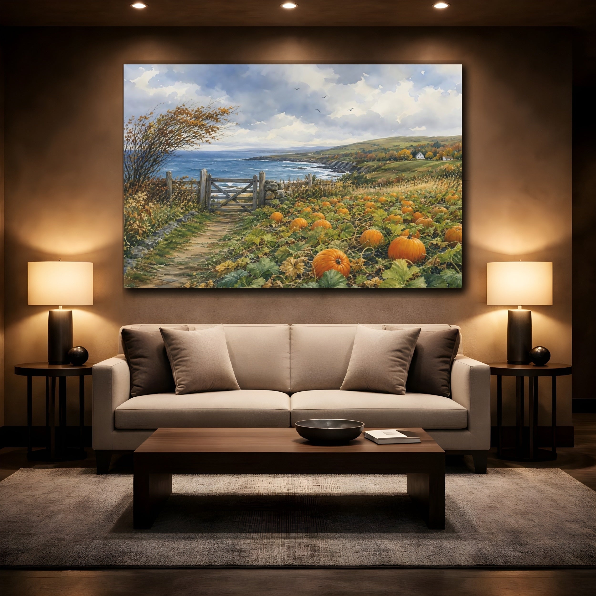 Mockup 2. Nature Pumpkin Patch Autumn Coastal Landscape shown as stretched canvas wall art
