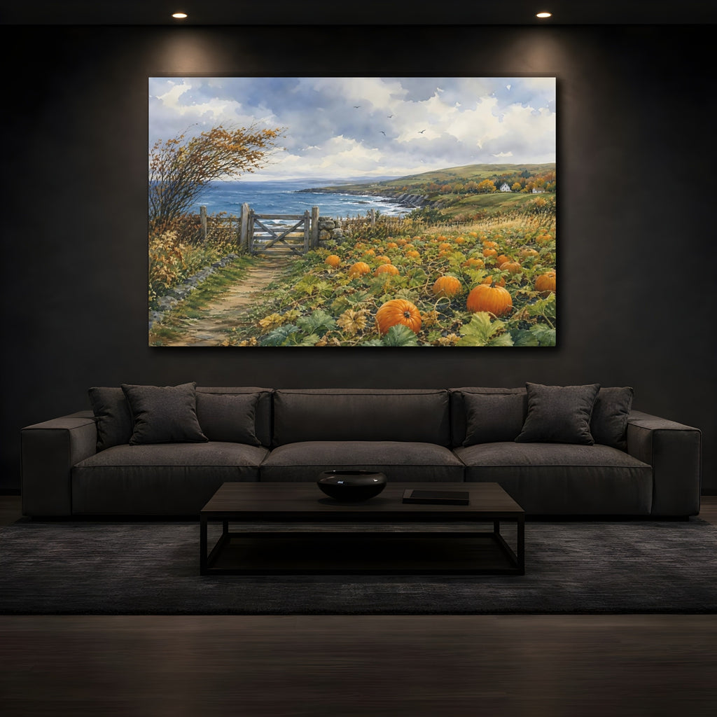 Mockup 3. Nature Pumpkin Patch Autumn Coastal Landscape shown as stretched canvas wall art