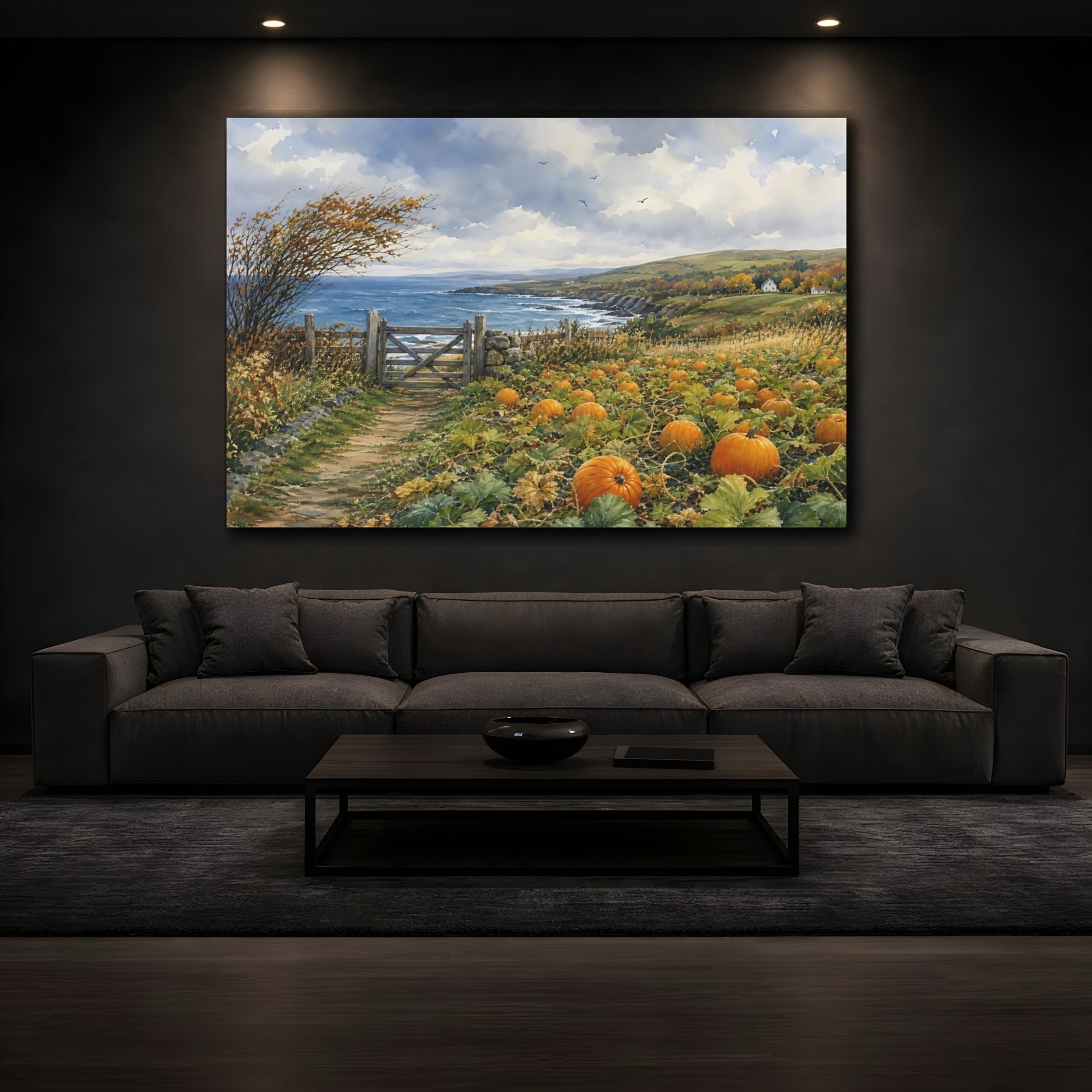 Mockup 3. Nature Pumpkin Patch Autumn Coastal Landscape shown as stretched canvas wall art