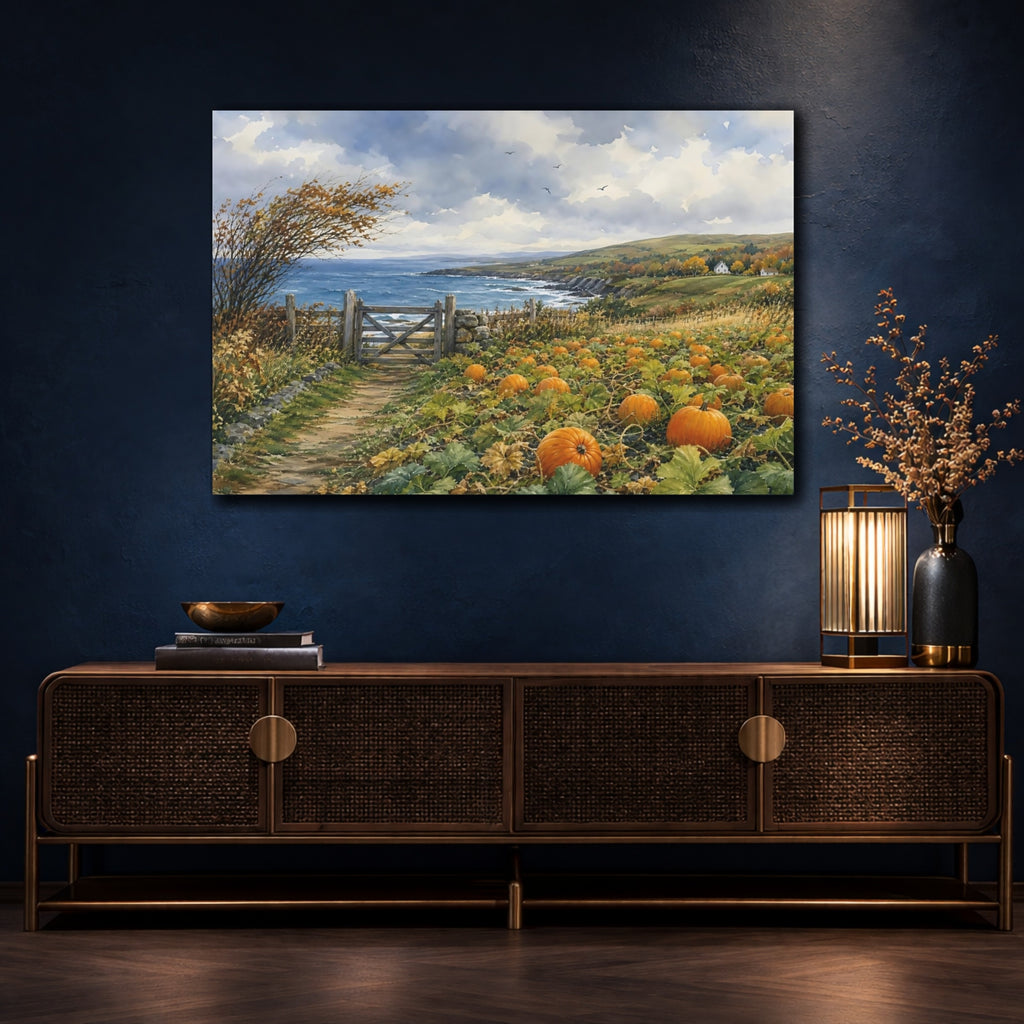 Mockup 4. Nature Pumpkin Patch Autumn Coastal Landscape shown as stretched canvas wall art