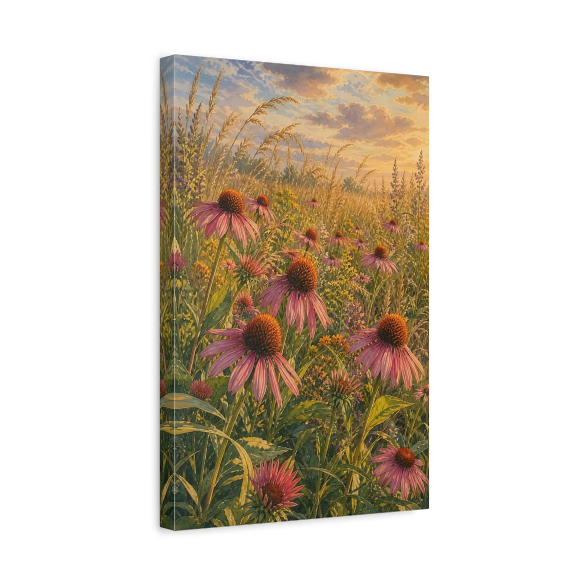 Side Mockup 4. Nature Purple Coneflowers Pink And Green Meadow shown as stretched canvas wall art