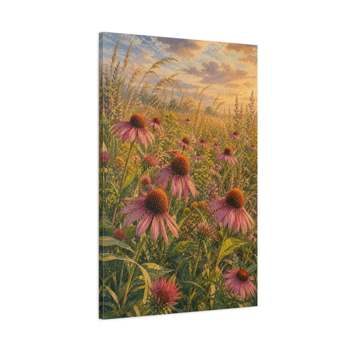 Main Mockup. Nature Purple Coneflowers Pink And Green Meadow shown as stretched canvas wall art