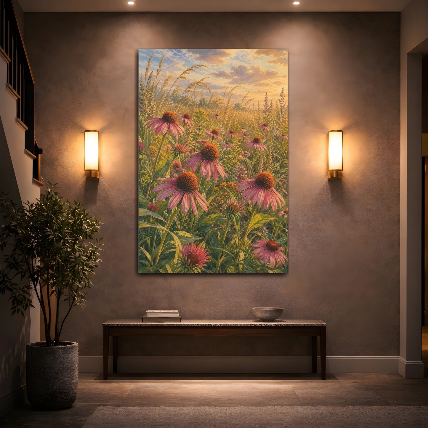 Mockup 2. Nature Purple Coneflowers Pink And Green Meadow shown as stretched canvas wall art