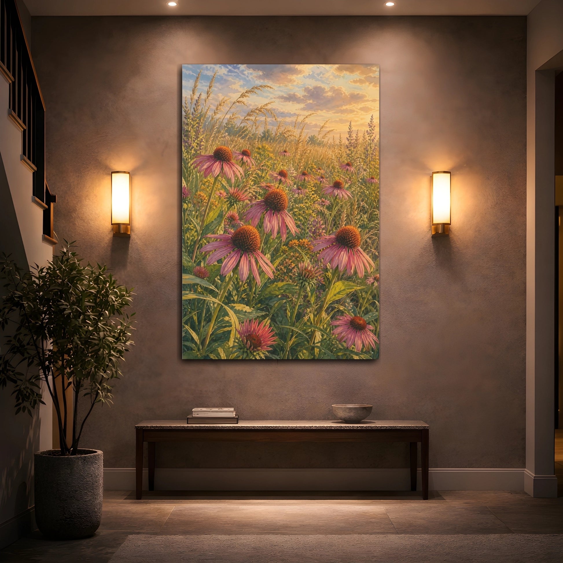 Mockup 2. Nature Purple Coneflowers Pink And Green Meadow shown as stretched canvas wall art