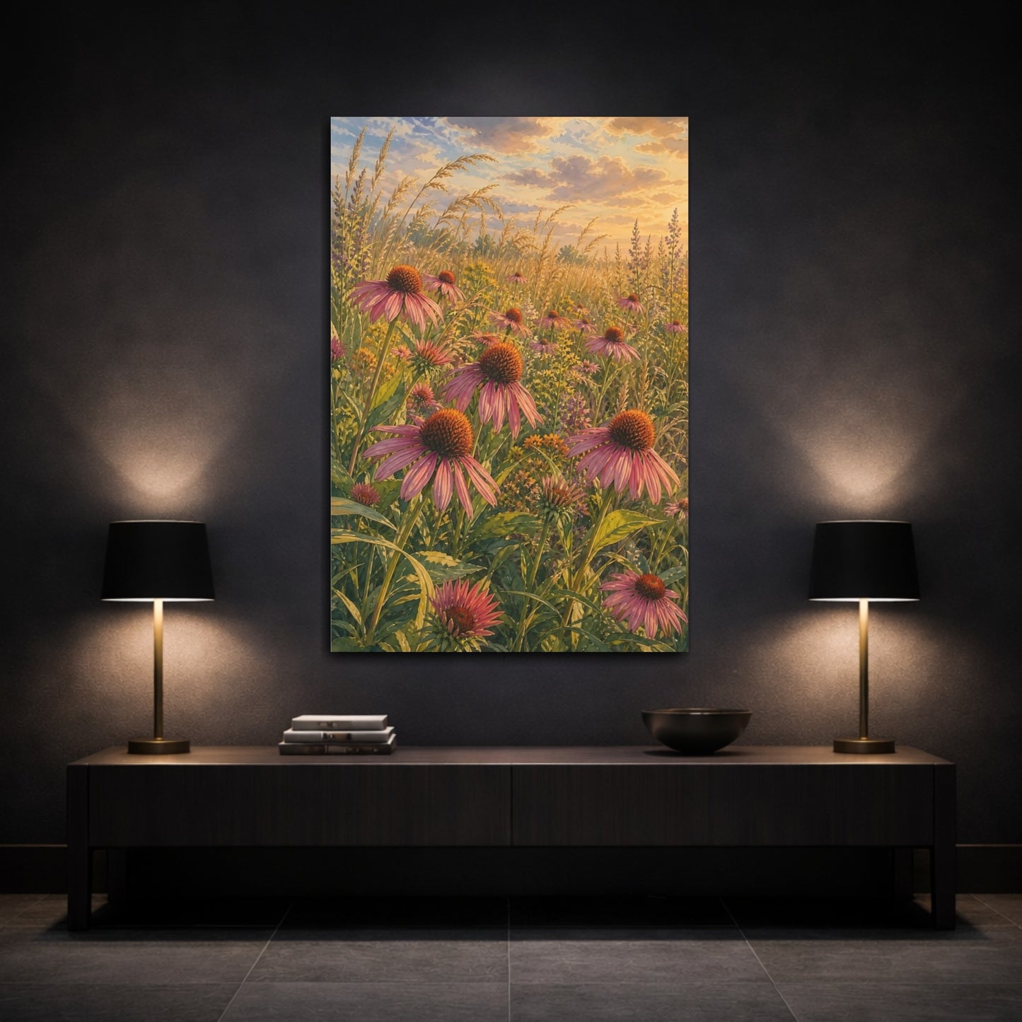 Mockup 3. Nature Purple Coneflowers Pink And Green Meadow shown as stretched canvas wall art