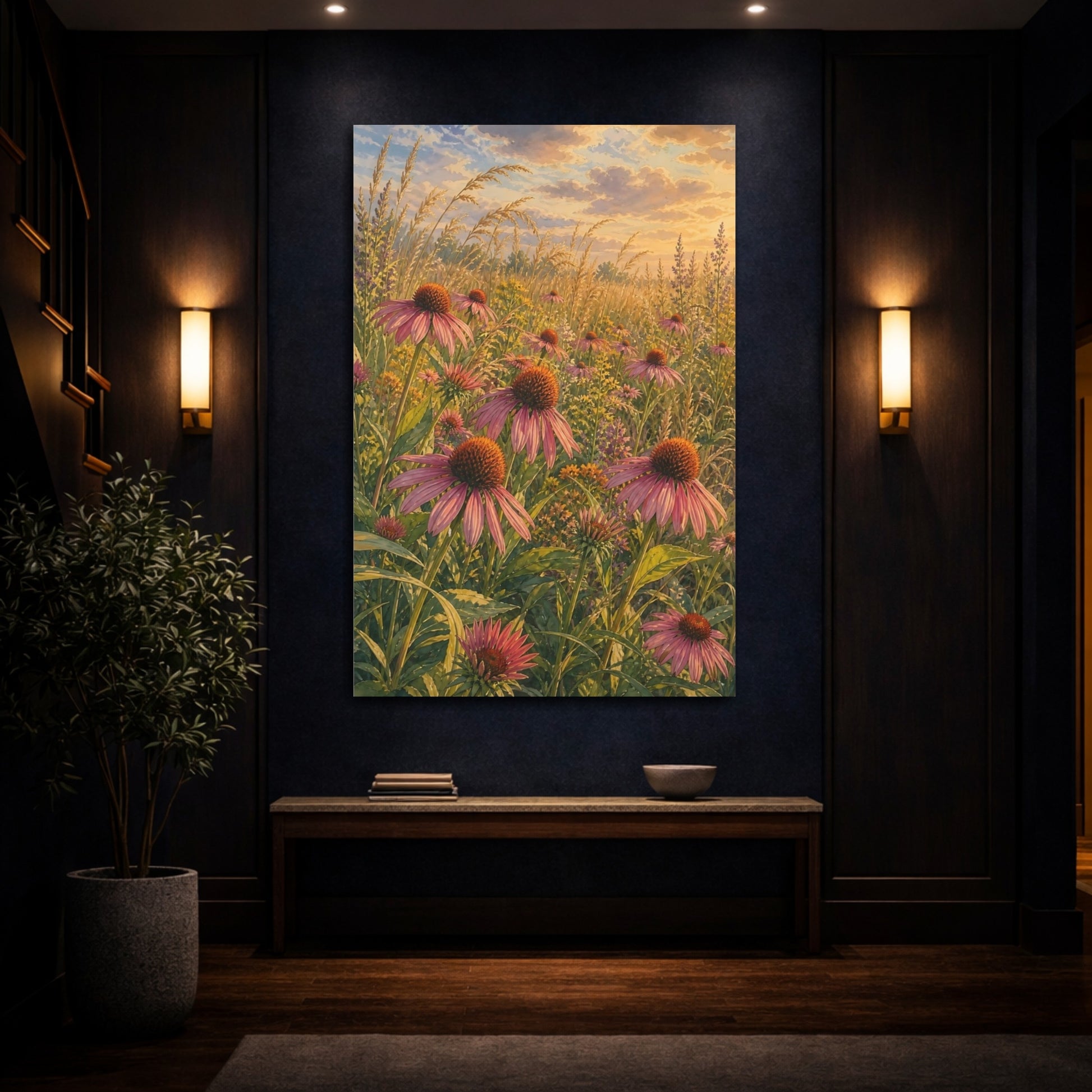 Mockup 4. Nature Purple Coneflowers Pink And Green Meadow shown as stretched canvas wall art