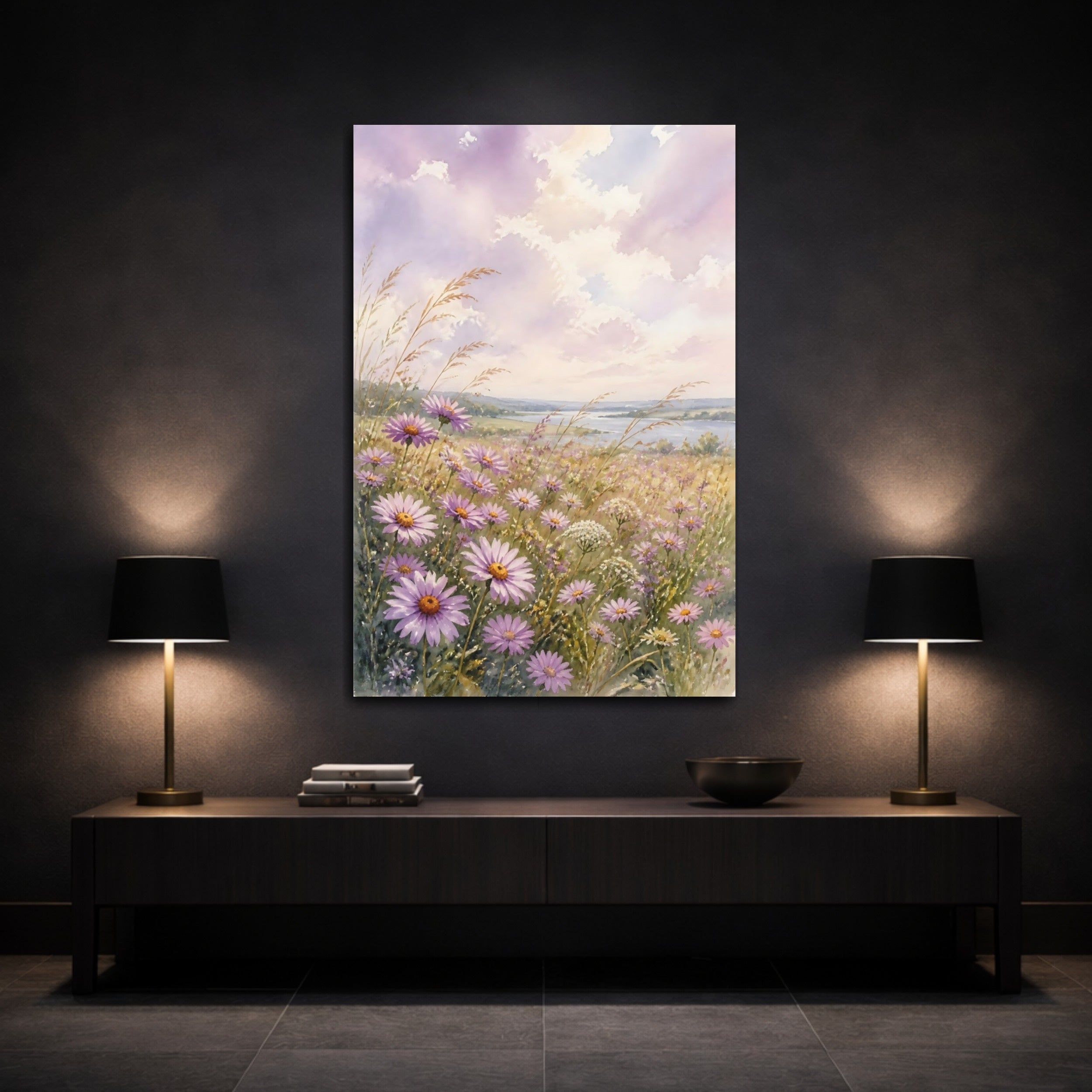 Mockup 3. Nature Purple Flowers Purple Flowers Landscape shown as stretched canvas wall art