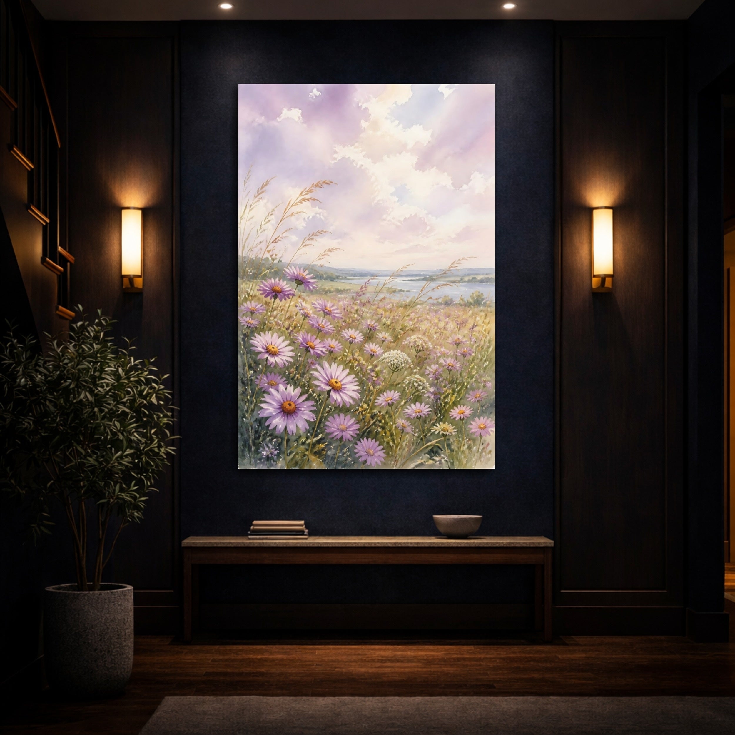 Mockup 4. Nature Purple Flowers Purple Flowers Landscape shown as stretched canvas wall art