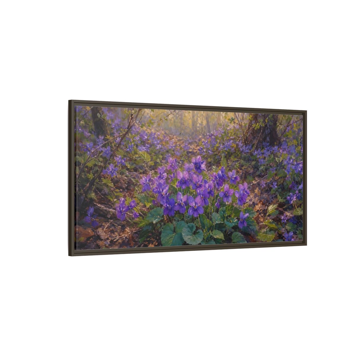 Side Mockup 4. Nature Purple Violets Purple Violets shown as stretched canvas wall art