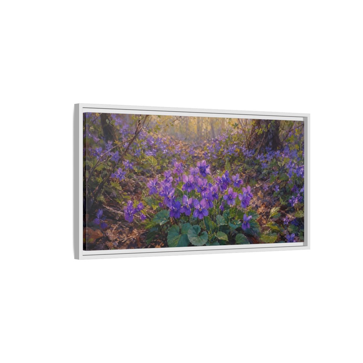 Side Mockup 1. Nature Purple Violets Purple Violets shown as stretched canvas wall art