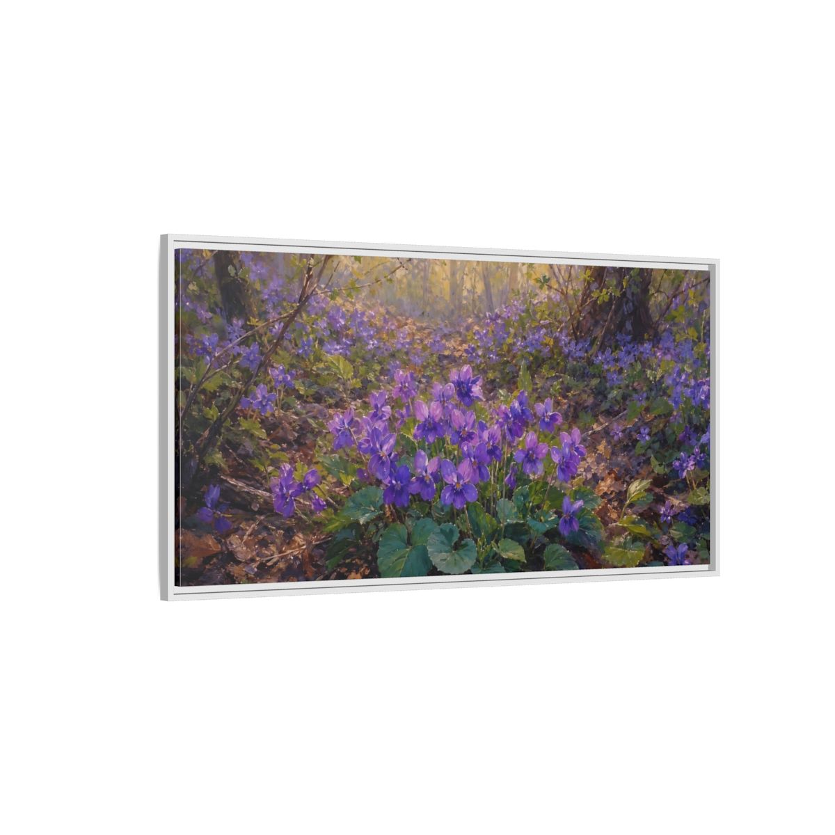 Side Mockup 3. Nature Purple Violets Purple Violets shown as stretched canvas wall art
