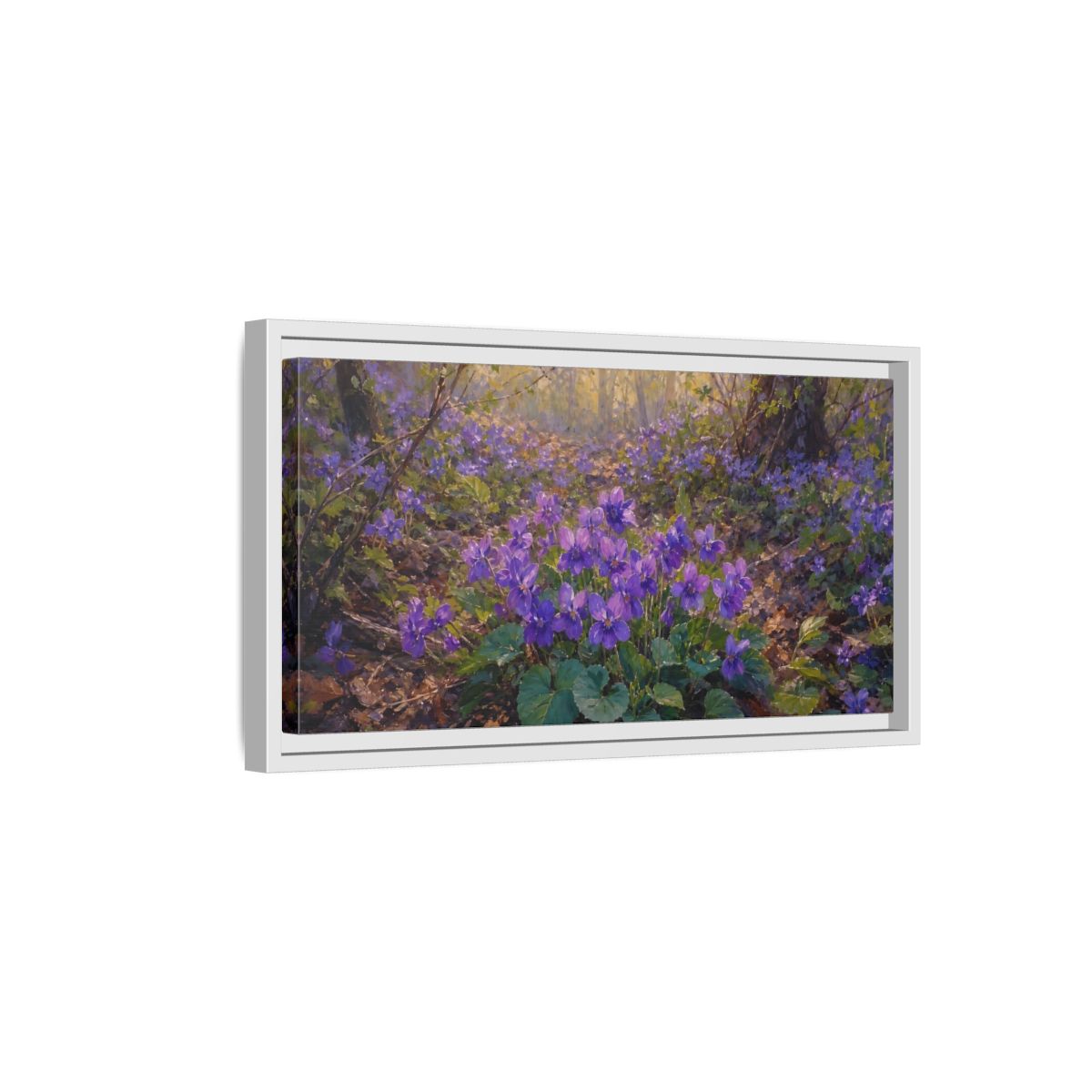Side Mockup 6. Nature Purple Violets Purple Violets shown as stretched canvas wall art