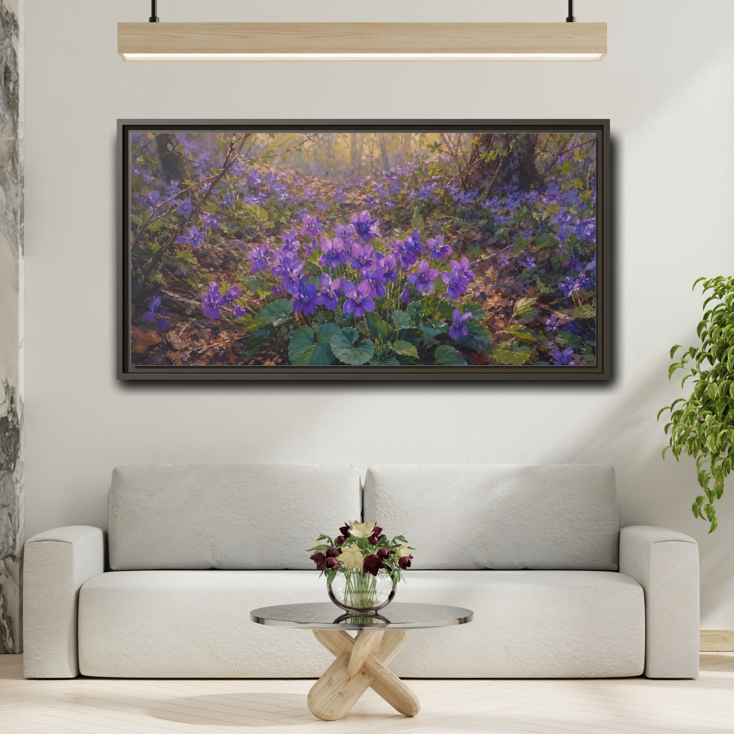 Mockup 2. Nature Purple Violets Purple Violets shown as stretched canvas wall art