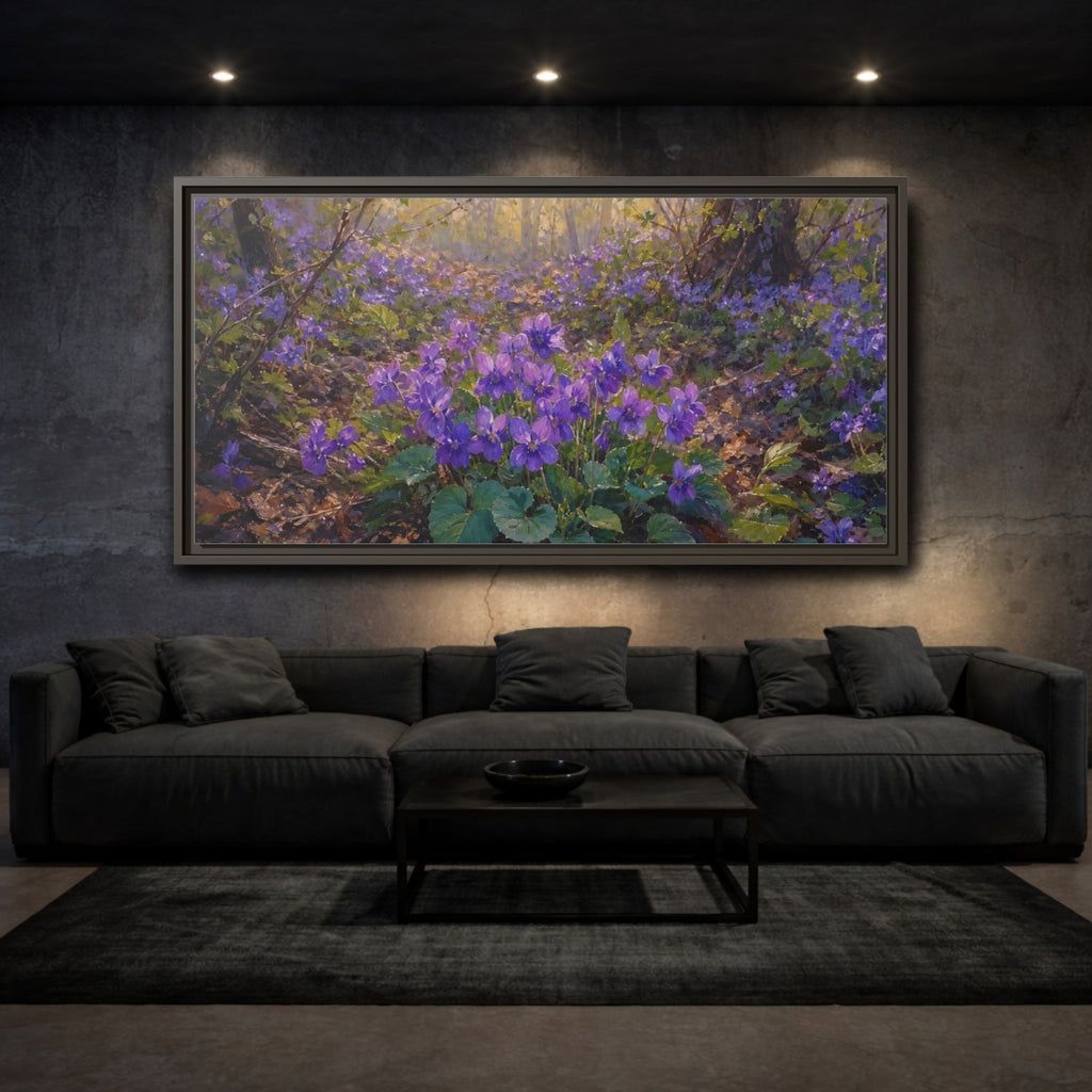 Mockup 3. Nature Purple Violets Purple Violets shown as stretched canvas wall art