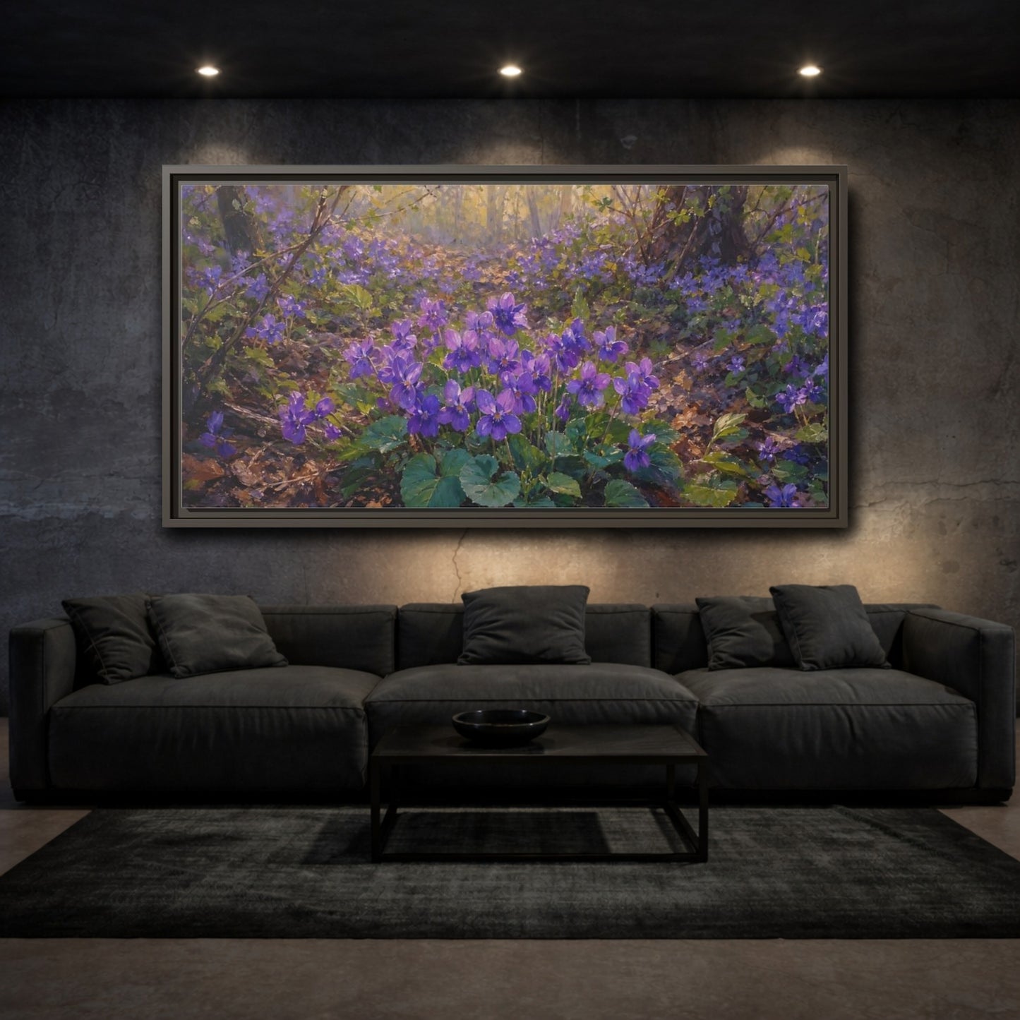 Mockup 3. Nature Purple Violets Purple Violets shown as stretched canvas wall art