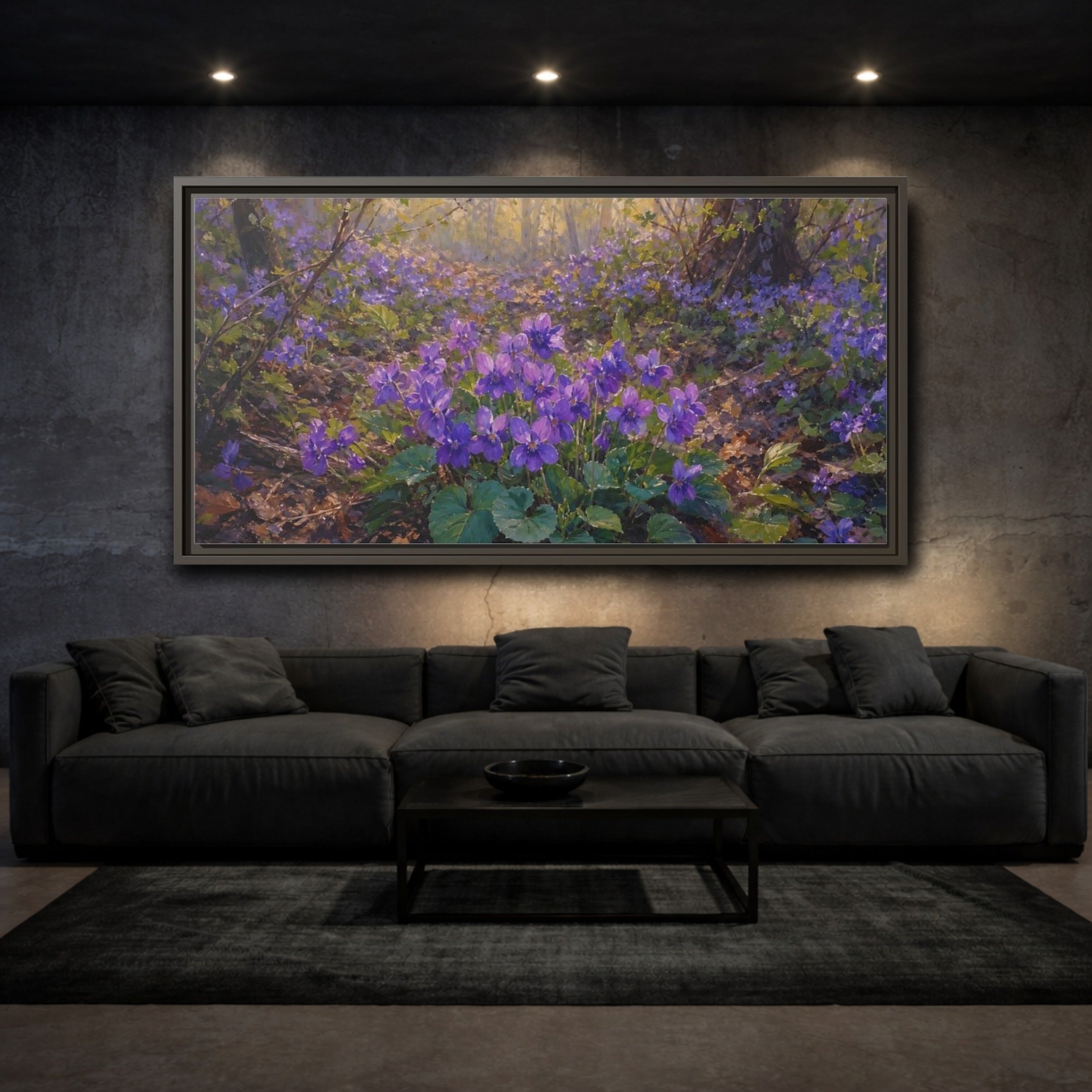 Mockup 3. Nature Purple Violets Purple Violets shown as stretched canvas wall art