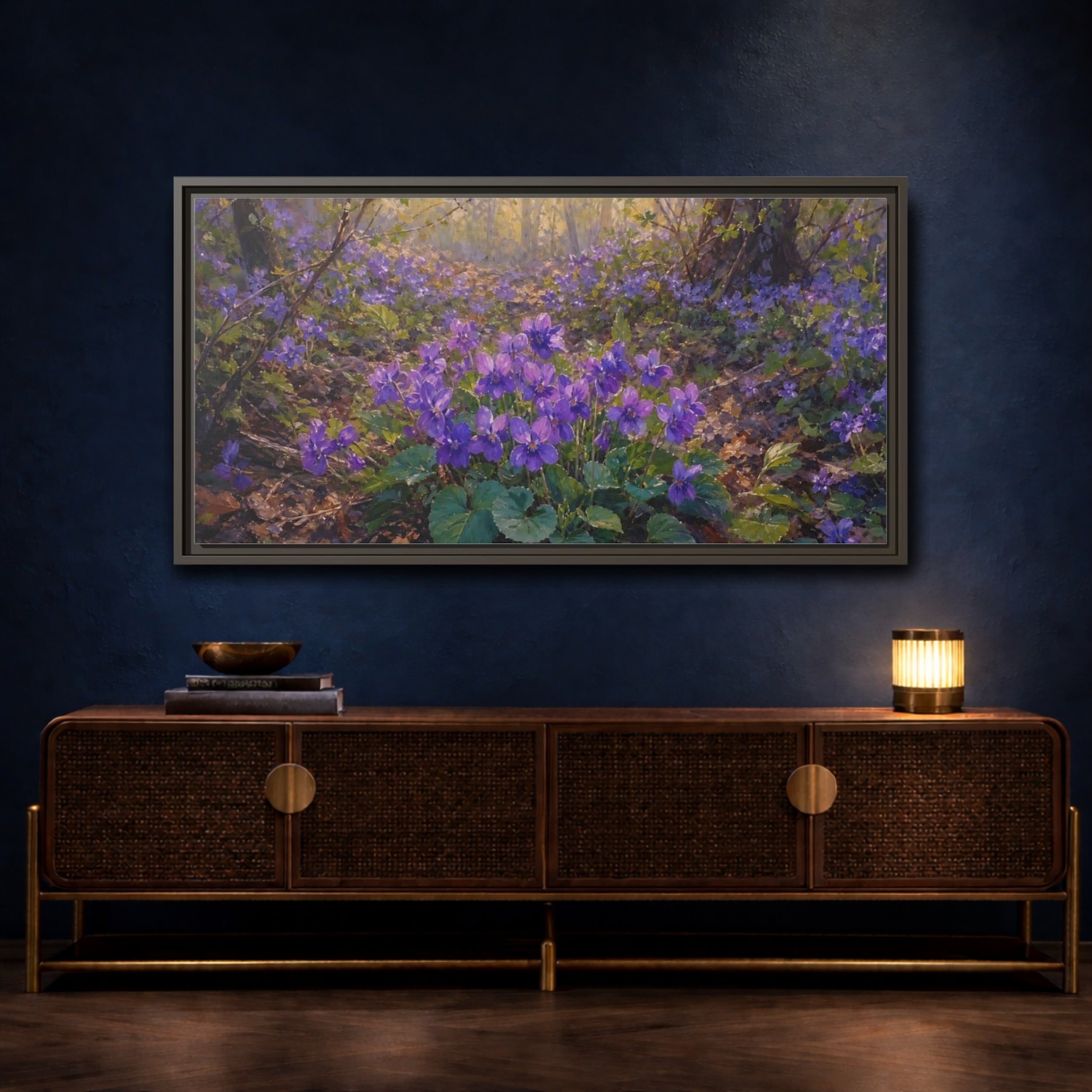 Mockup 4. Nature Purple Violets Purple Violets shown as stretched canvas wall art
