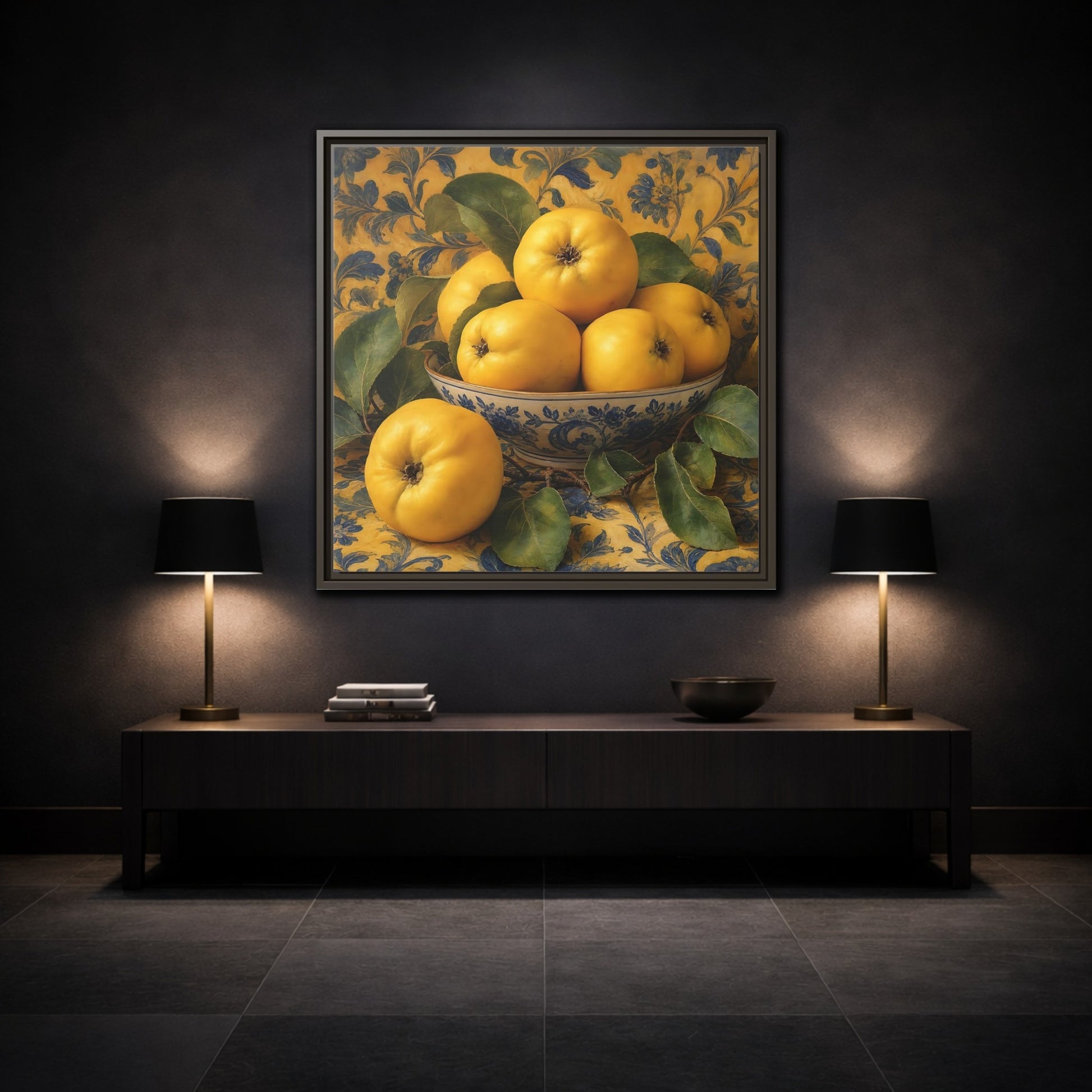 Mockup 3. Nature Quinces Yellow Quinces shown as stretched canvas wall art