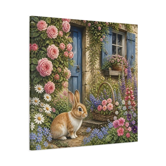 Main Mockup. Nature Rabbit Cottage Garden shown as stretched canvas wall art