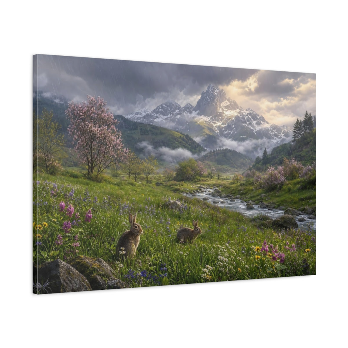 Main Mockup. Nature Rabbits Spring Mountain Scene shown as stretched canvas wall art