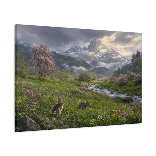 Main Mockup. Nature Rabbits Spring Mountain Scene shown as stretched canvas wall art