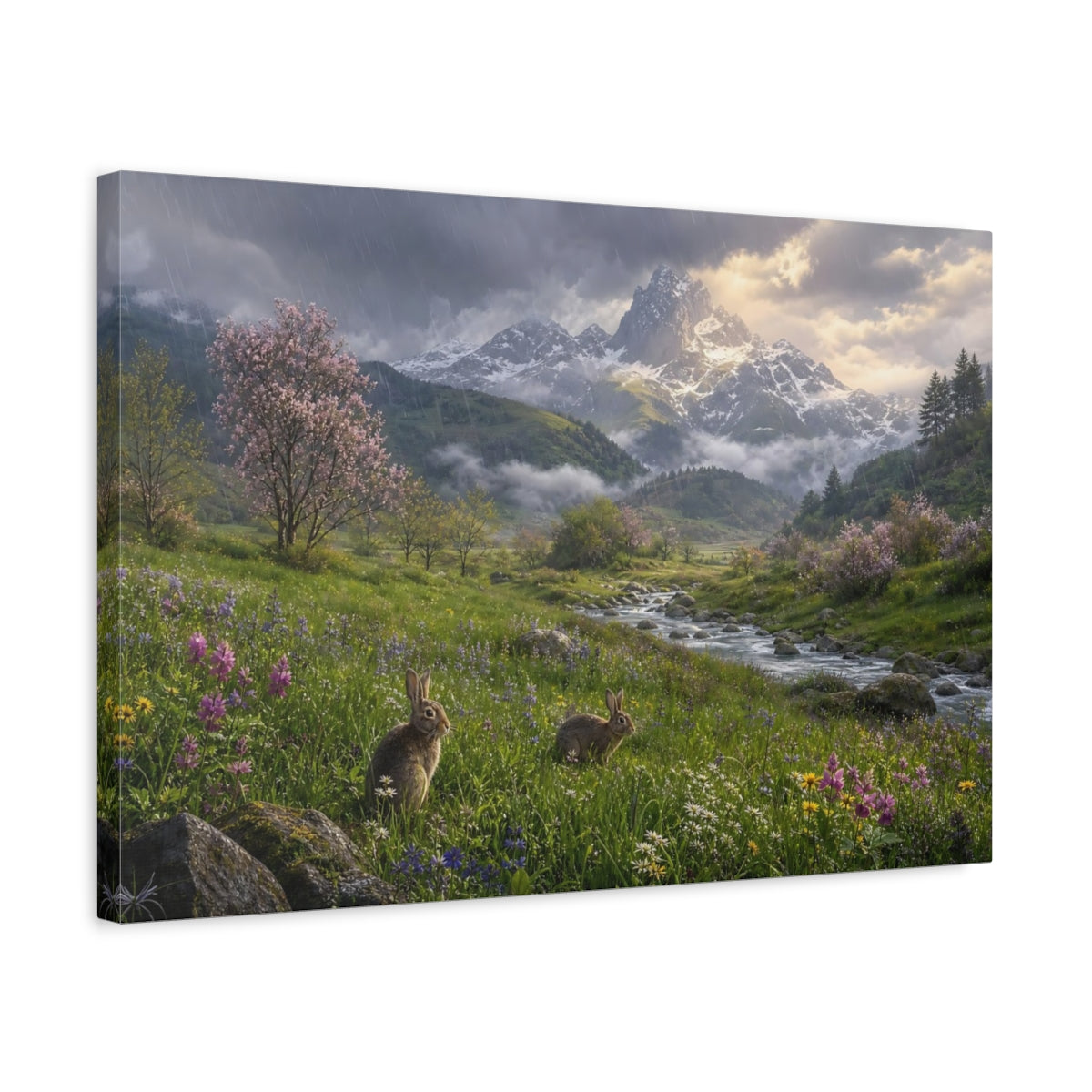 Side Mockup 3. Nature Rabbits Spring Mountain Scene shown as stretched canvas wall art