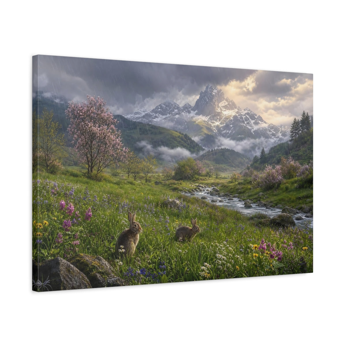Side Mockup 2. Nature Rabbits Spring Mountain Scene shown as stretched canvas wall art