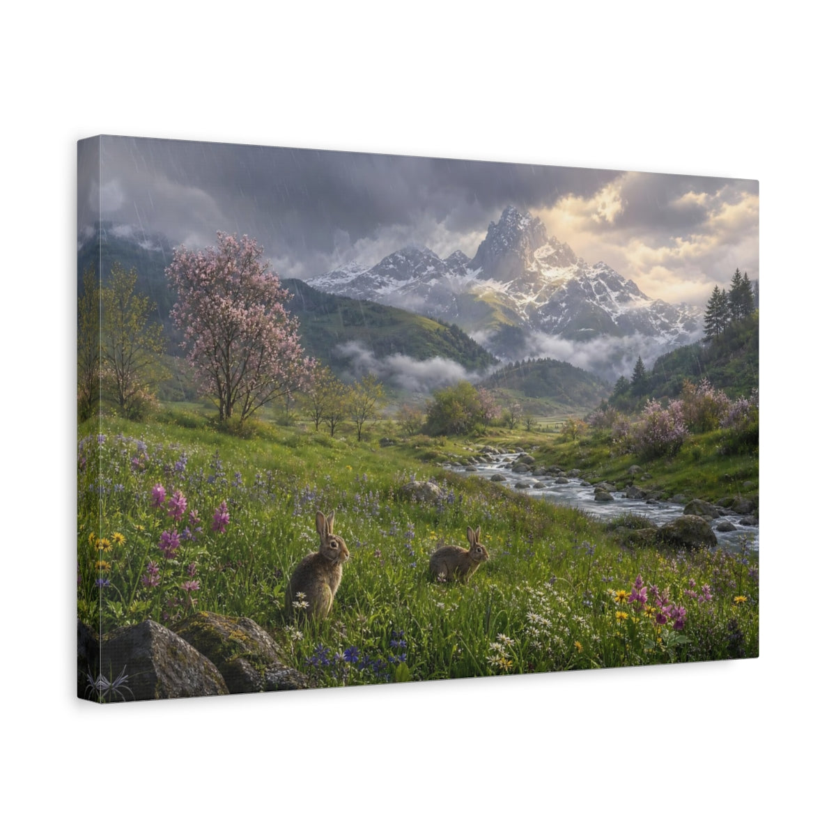 Side Mockup 4. Nature Rabbits Spring Mountain Scene shown as stretched canvas wall art