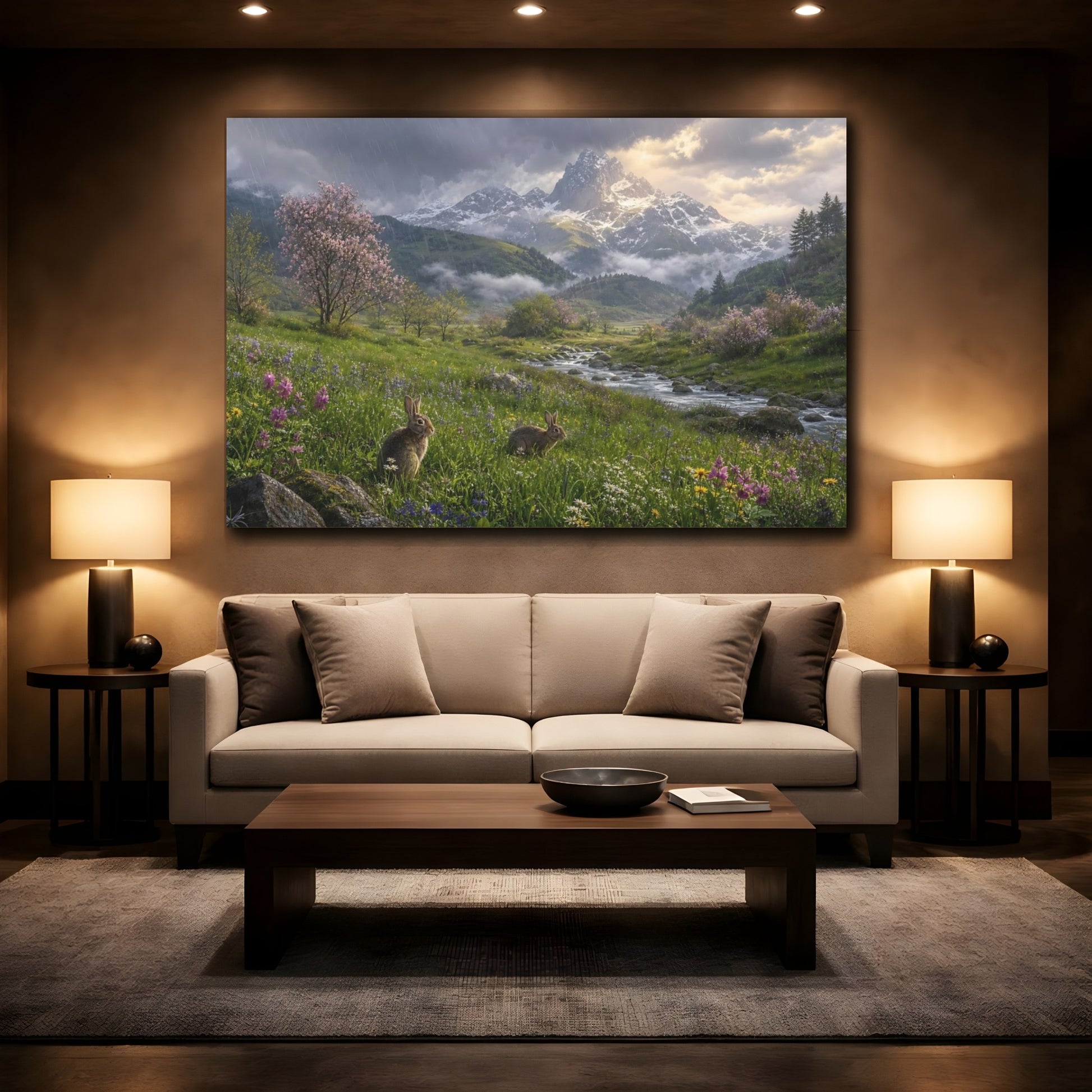 Mockup 2. Nature Rabbits Spring Mountain Scene shown as stretched canvas wall art