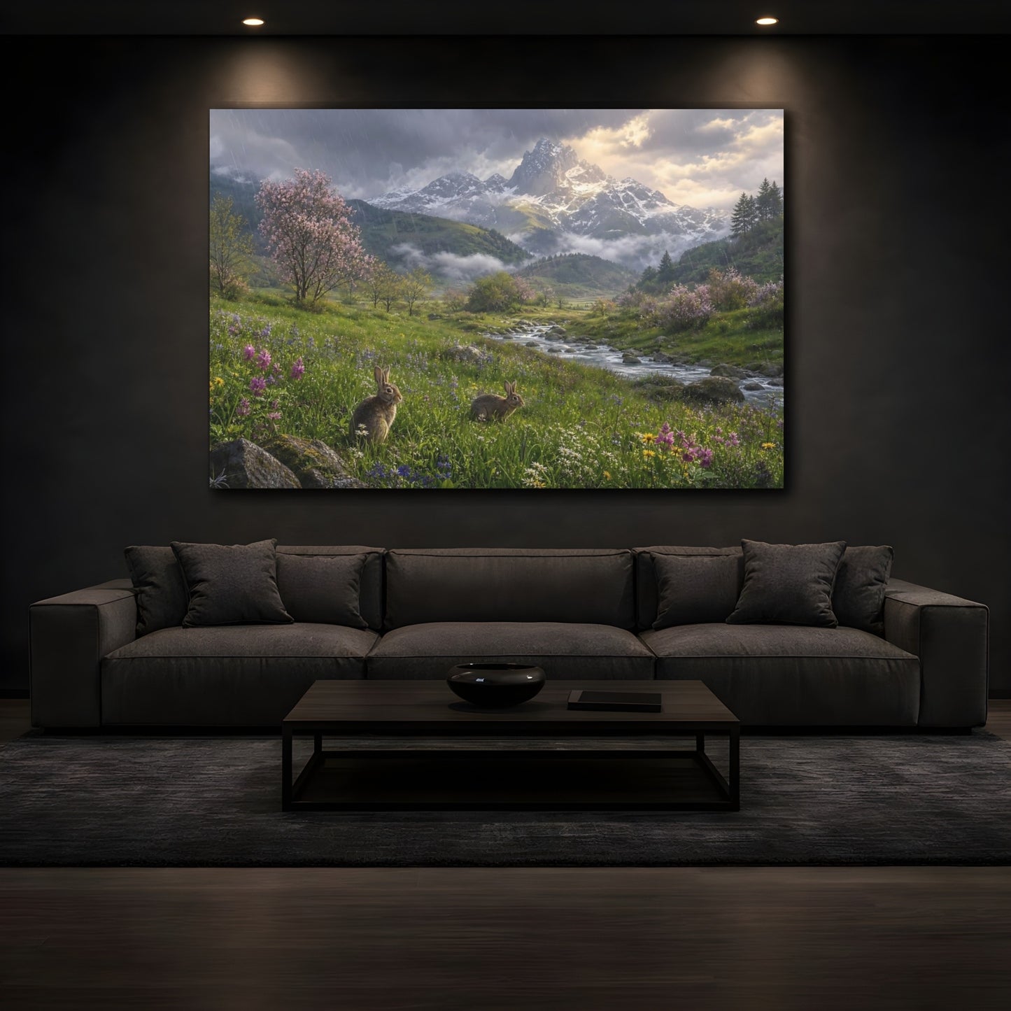 Mockup 3. Nature Rabbits Spring Mountain Scene shown as stretched canvas wall art