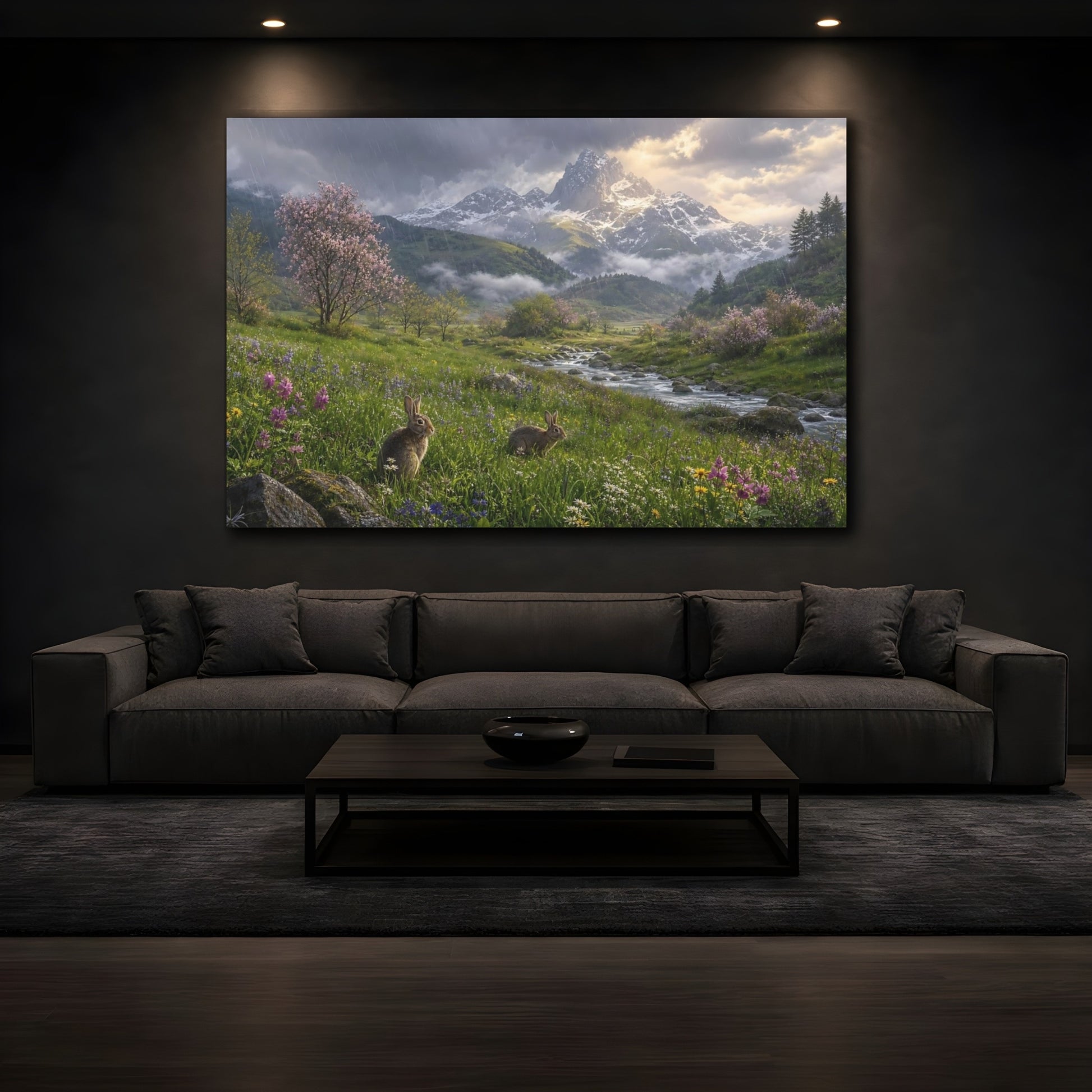 Mockup 3. Nature Rabbits Spring Mountain Scene shown as stretched canvas wall art