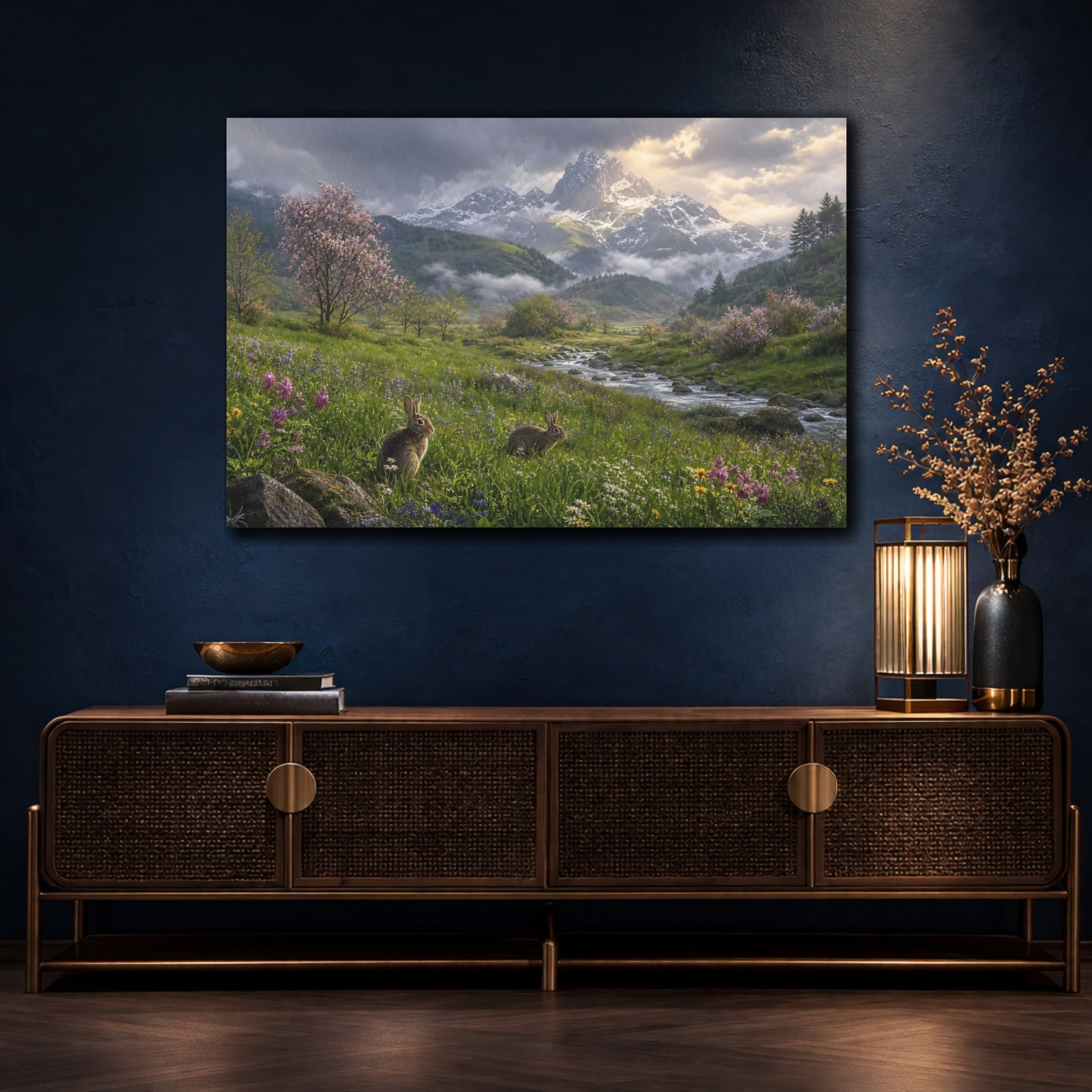 Mockup 4. Nature Rabbits Spring Mountain Scene shown as stretched canvas wall art