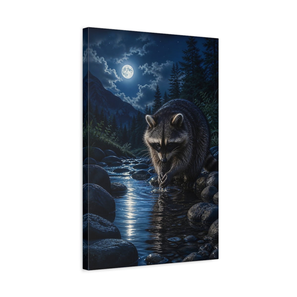Side Mockup 3. Nature Raccoon Raccoon Moonlight shown as stretched canvas wall art