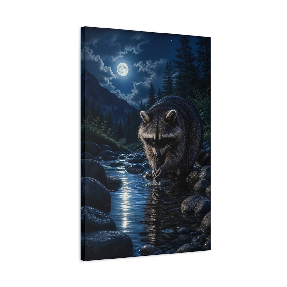 Side Mockup 2. Nature Raccoon Raccoon Moonlight shown as stretched canvas wall art