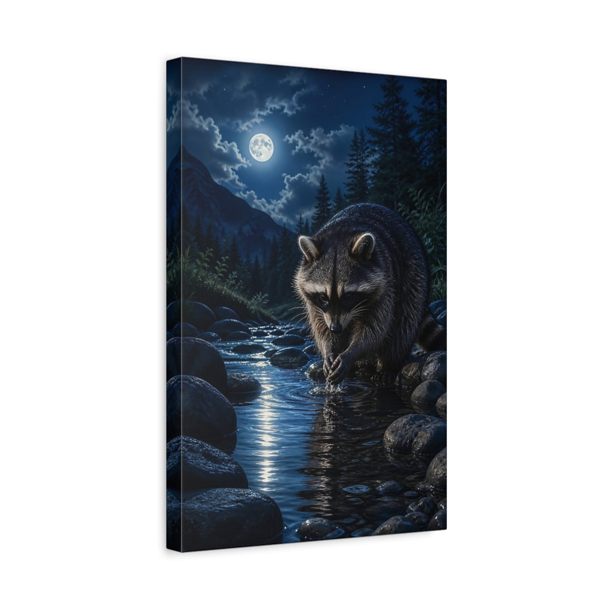 Side Mockup 4. Nature Raccoon Raccoon Moonlight shown as stretched canvas wall art