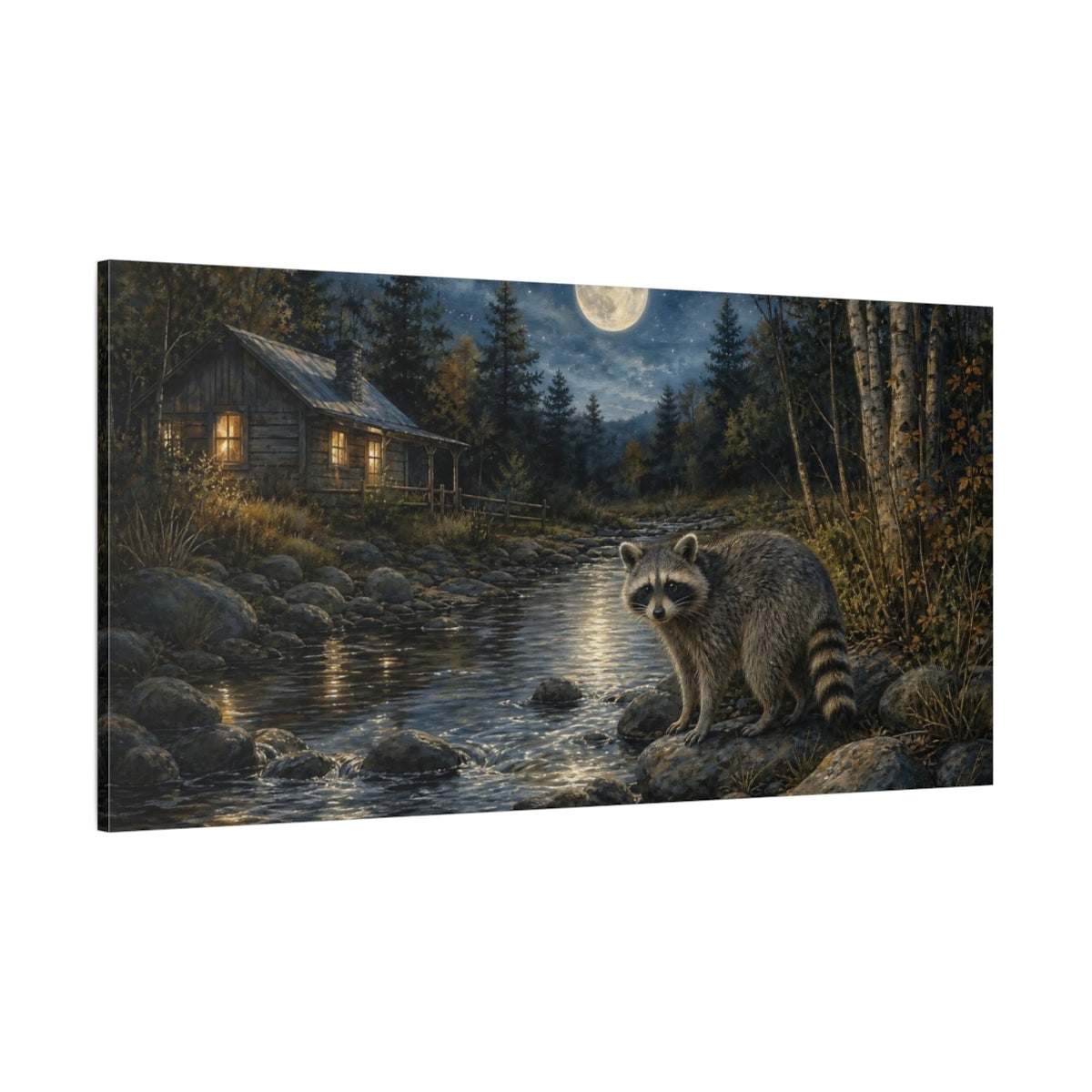 Side Mockup 2. Nature Raccoon Moonlit Forest shown as stretched canvas wall art