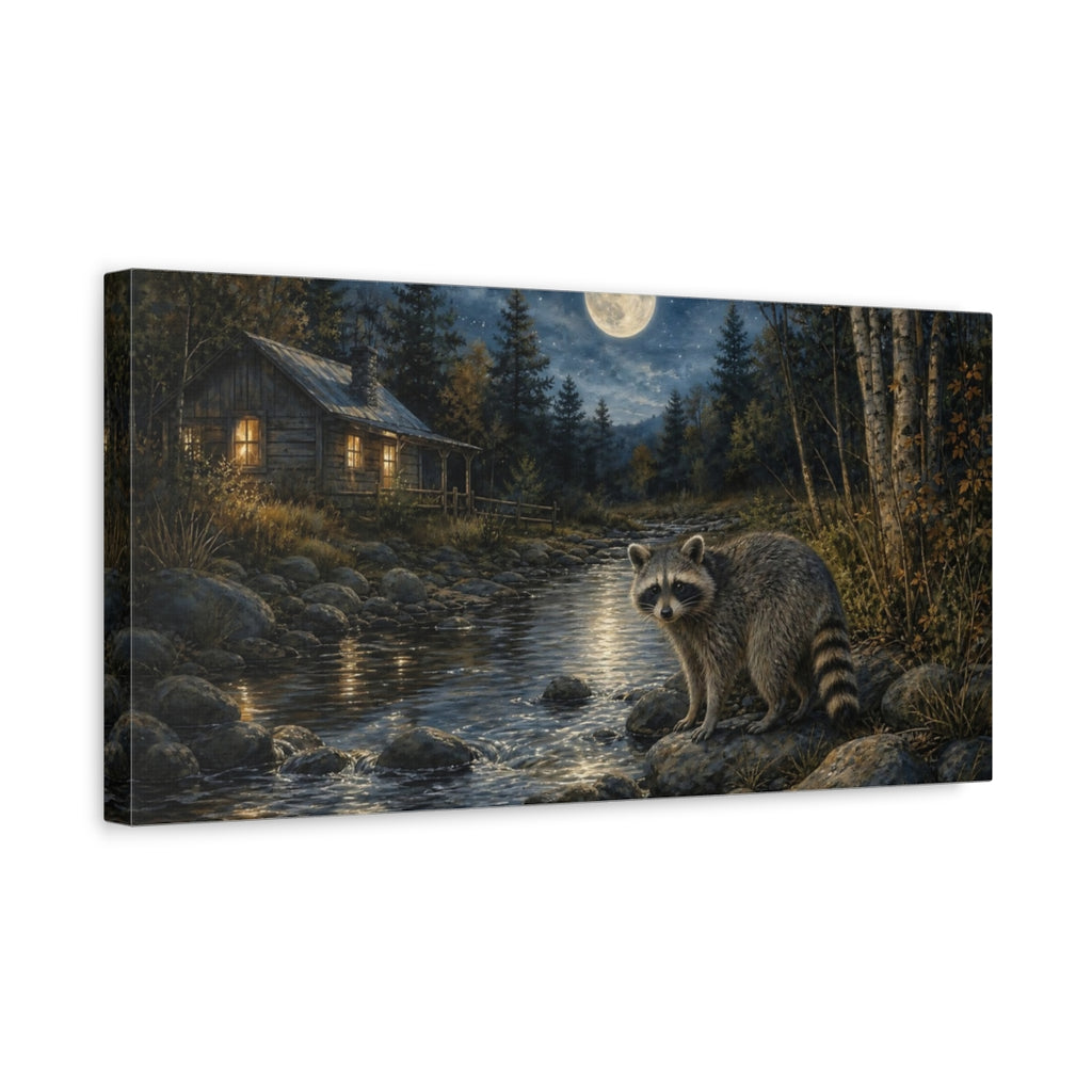 Side Mockup 3. Nature Raccoon Moonlit Forest shown as stretched canvas wall art