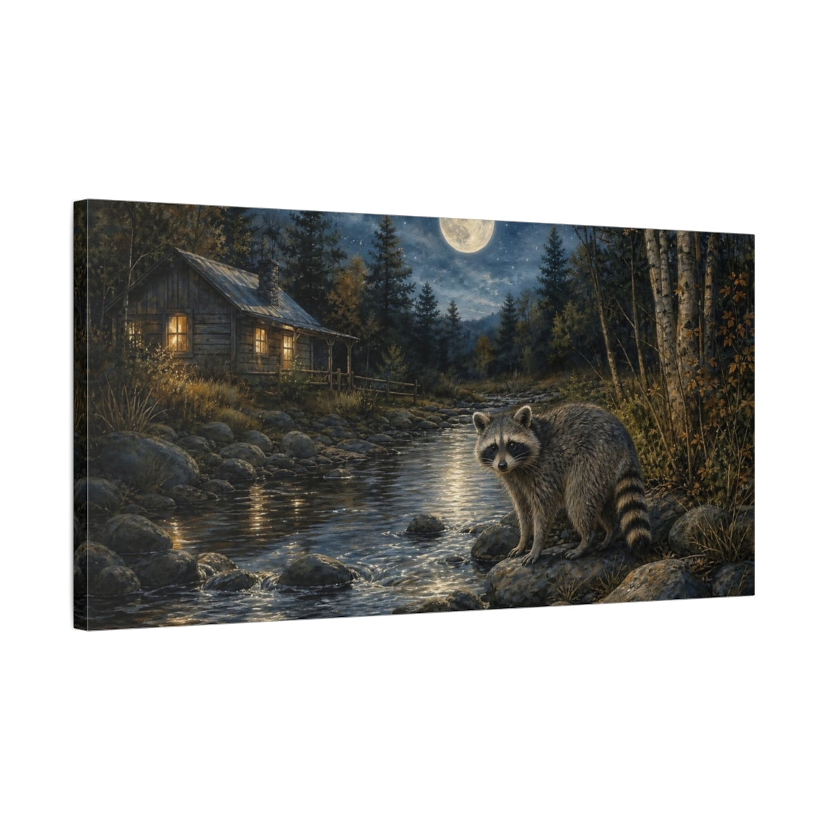 Side Mockup 1. Nature Raccoon Moonlit Forest shown as stretched canvas wall art
