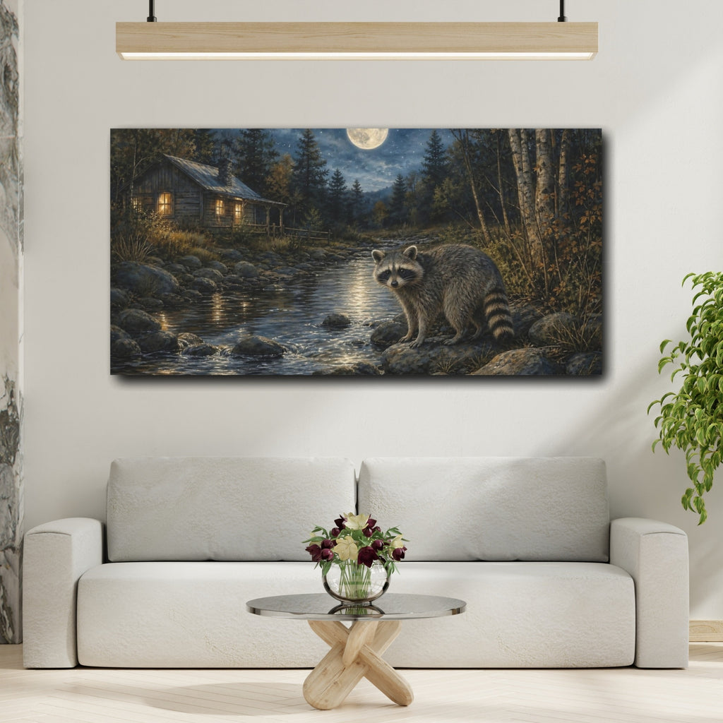 Mockup 2. Nature Raccoon Moonlit Forest shown as stretched canvas wall art