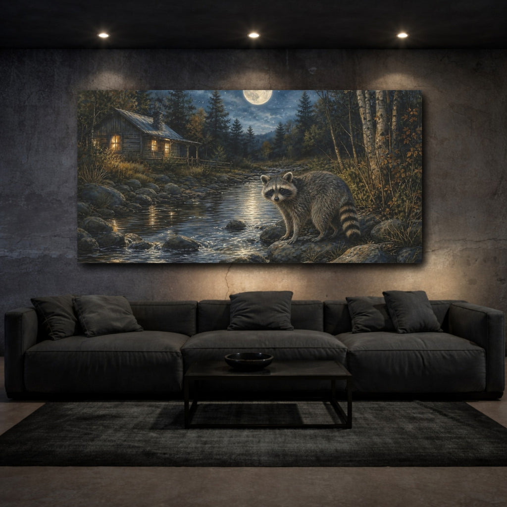 Mockup 3. Nature Raccoon Moonlit Forest shown as stretched canvas wall art