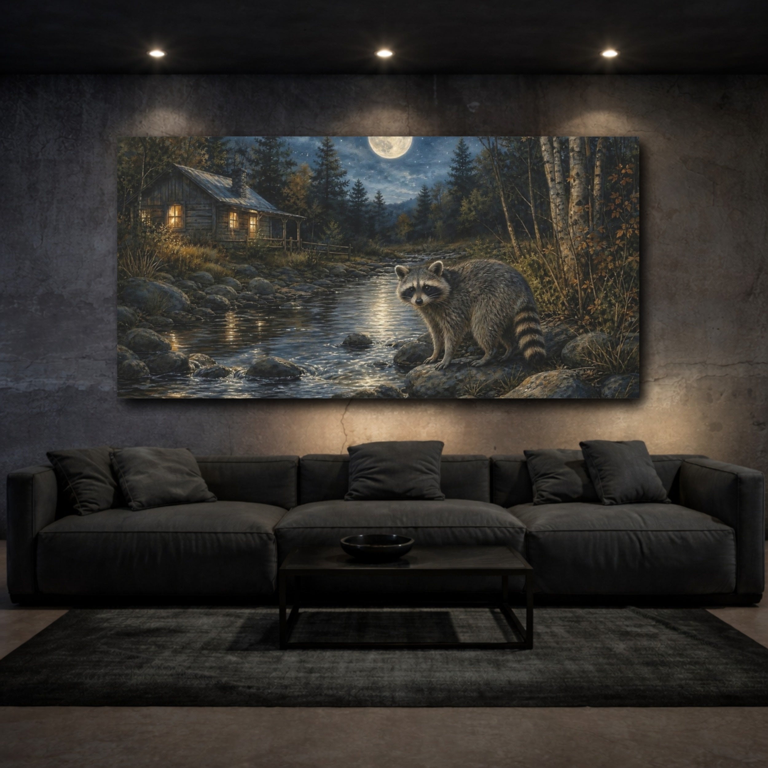 Mockup 3. Nature Raccoon Moonlit Forest shown as stretched canvas wall art