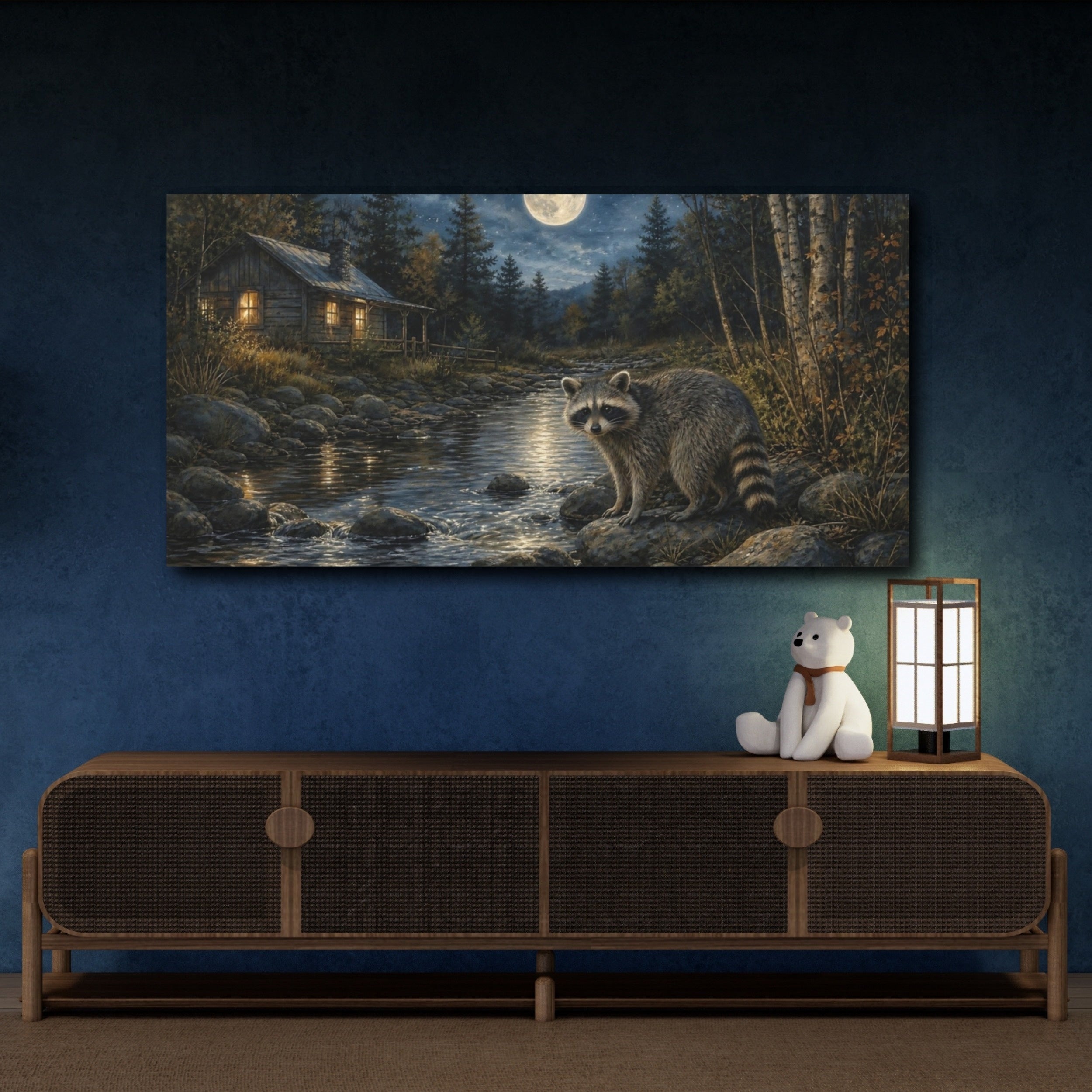 Mockup 4. Nature Raccoon Moonlit Forest shown as stretched canvas wall art