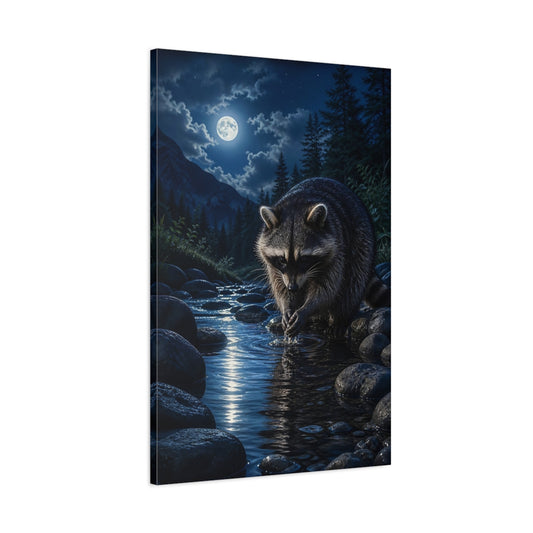 Main Mockup. Nature Raccoon Raccoon Moonlight shown as stretched canvas wall art