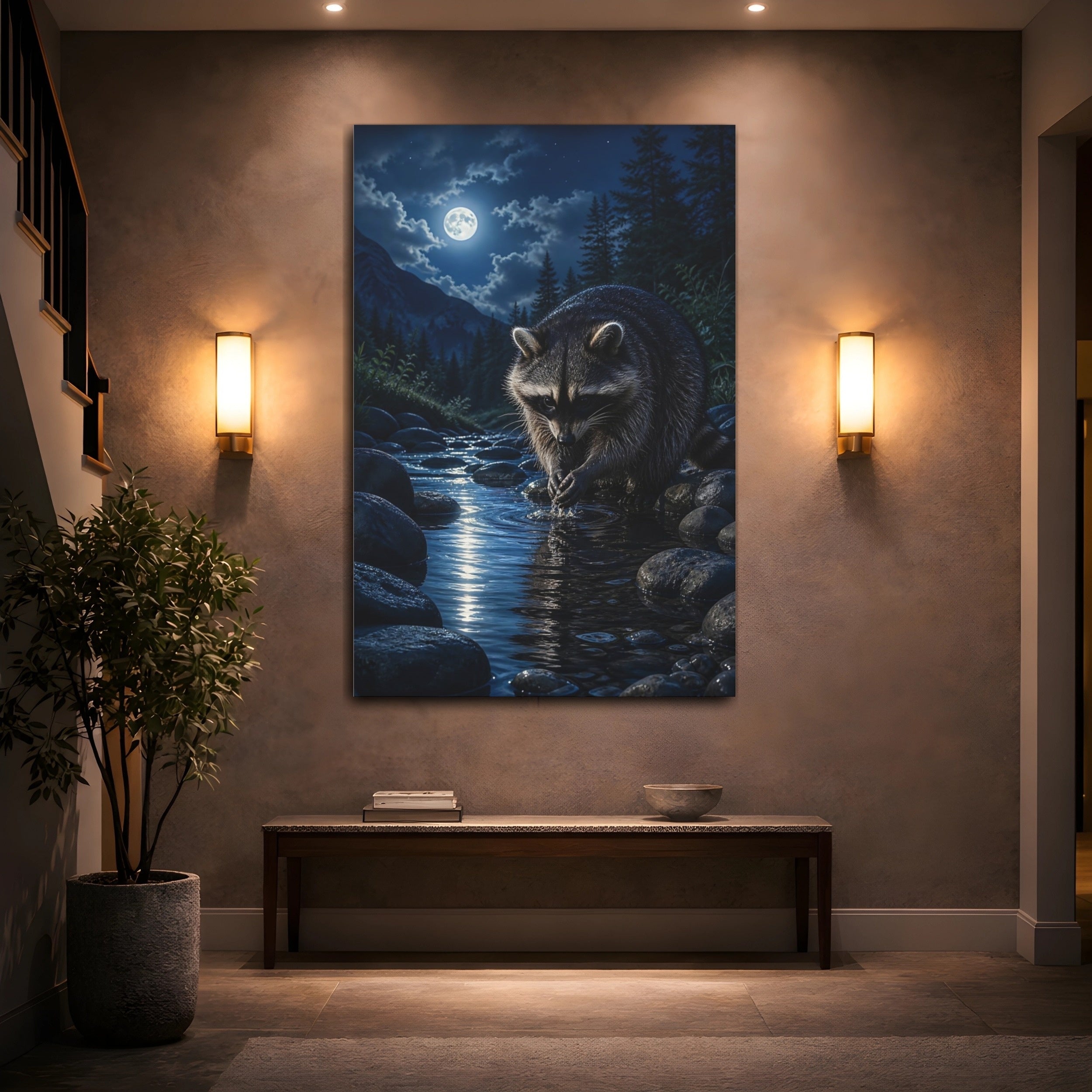 Mockup 2. Nature Raccoon Raccoon Moonlight shown as stretched canvas wall art