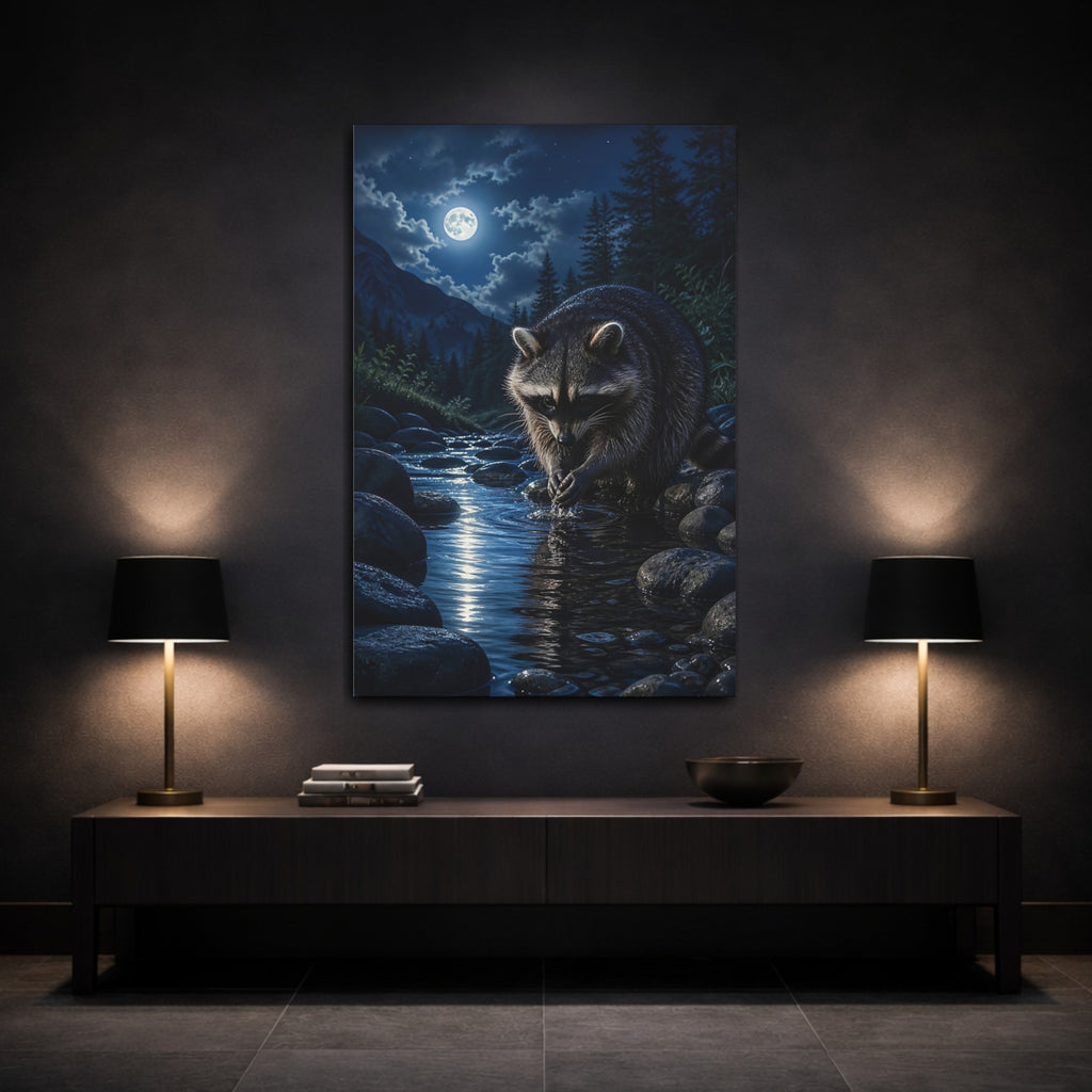Mockup 3. Nature Raccoon Raccoon Moonlight shown as stretched canvas wall art