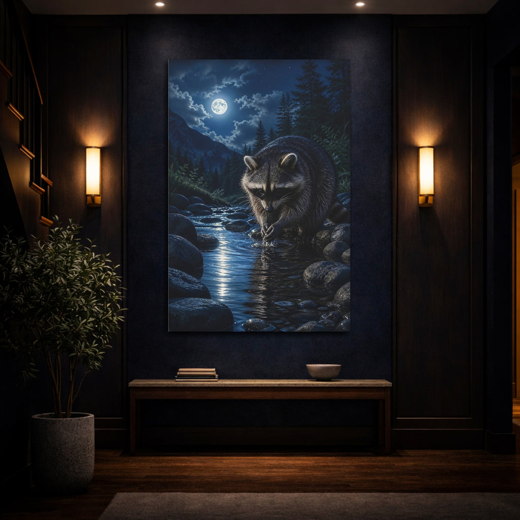 Mockup 4. Nature Raccoon Raccoon Moonlight shown as stretched canvas wall art