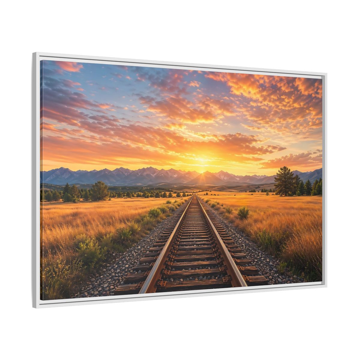 Side Mockup 7. Nature Railroad Tracks Sunset Railroad shown as stretched canvas wall art